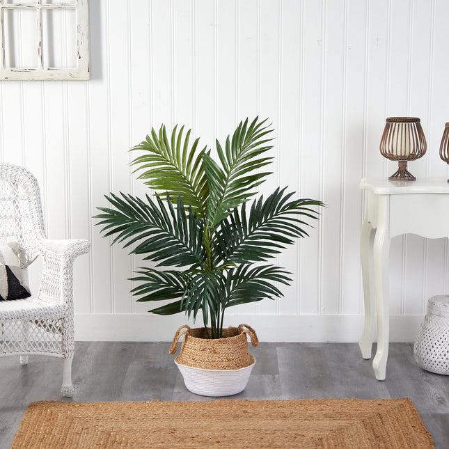 4' Kentia Palm Artificial Tree in Boho Chic Handmade Cotton & Jute White Woven Planter by Nearly Natural
