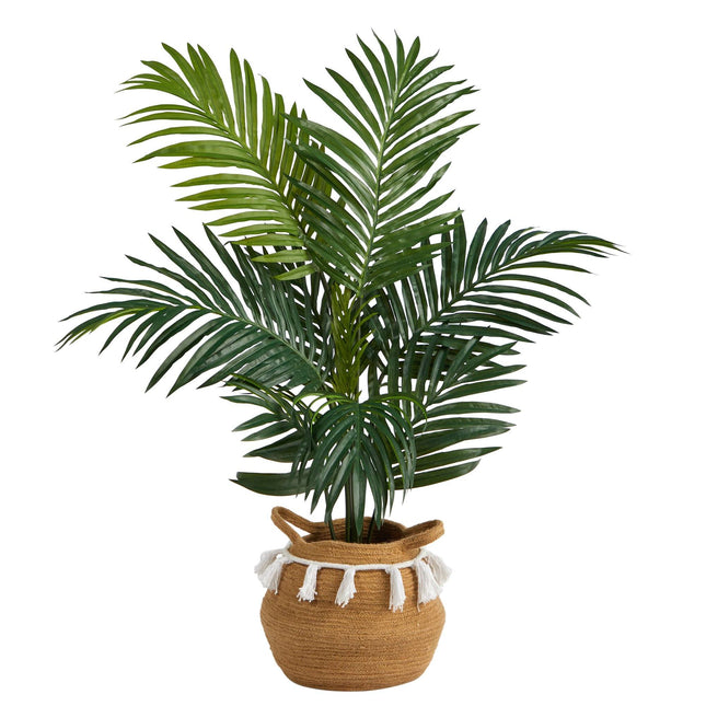 4' Kentia Palm Artificial Tree in Boho Chic Handmade Natural Cotton Woven Planter with Tassels by Nearly Natural
