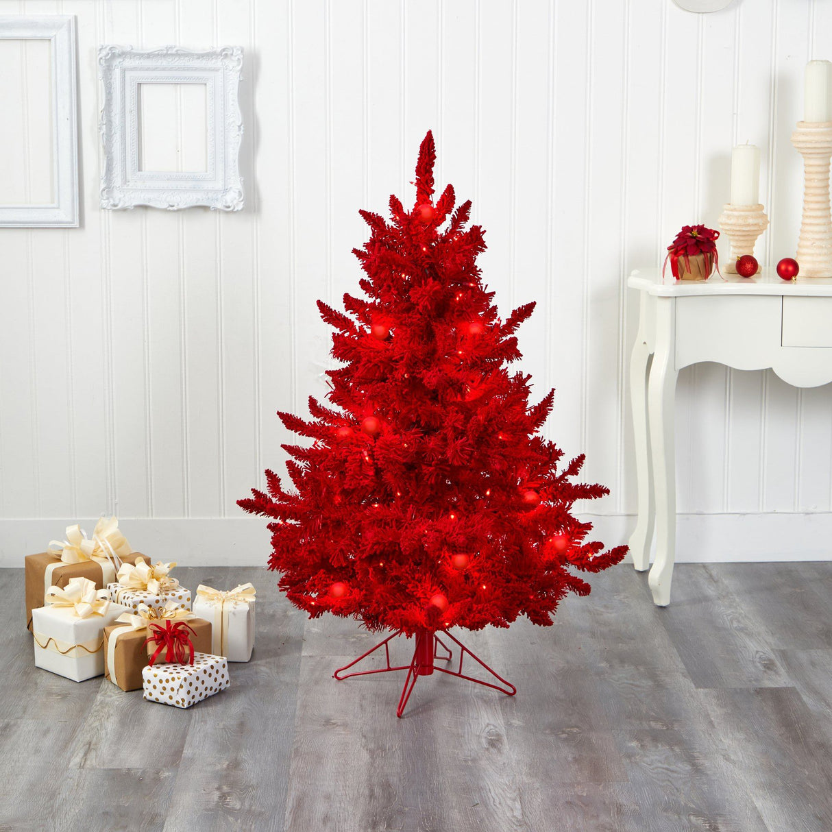 4' Red Flocked Fraser Fir Artificial Christmas Tree by Nearly Natural