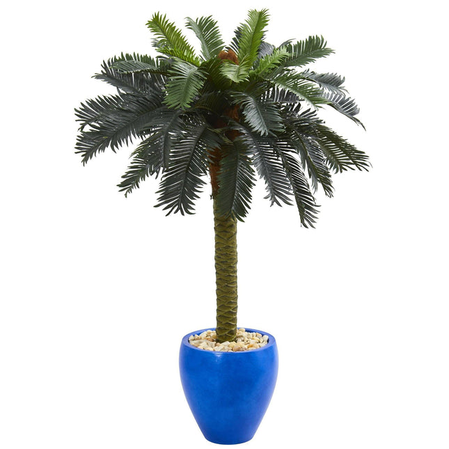 4’ Sago Palm Artificial Tree in Glazed Blue Planter by Nearly Natural