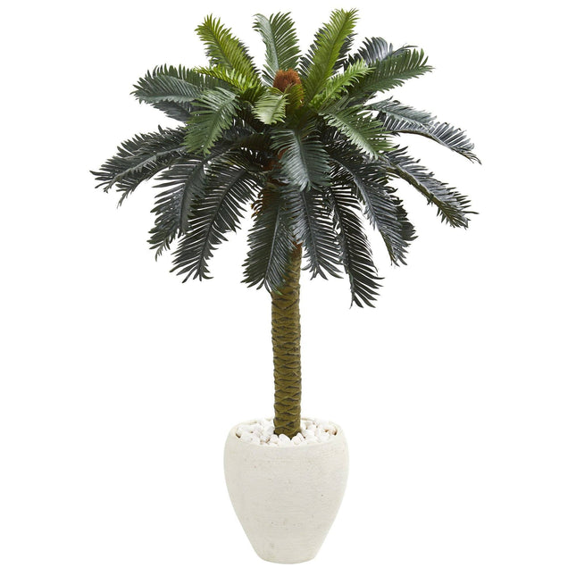 4’ Sago Palm Artificial Tree in White Planter by Nearly Natural