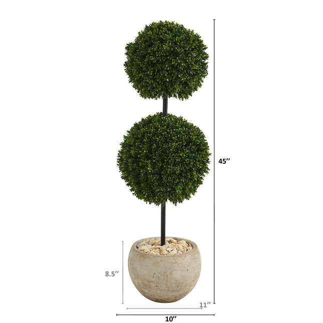 45” Boxwood Double Ball Artificial Topiary Tree in Sand Colored Planter (Indoor/Outdoor) by Nearly Natural