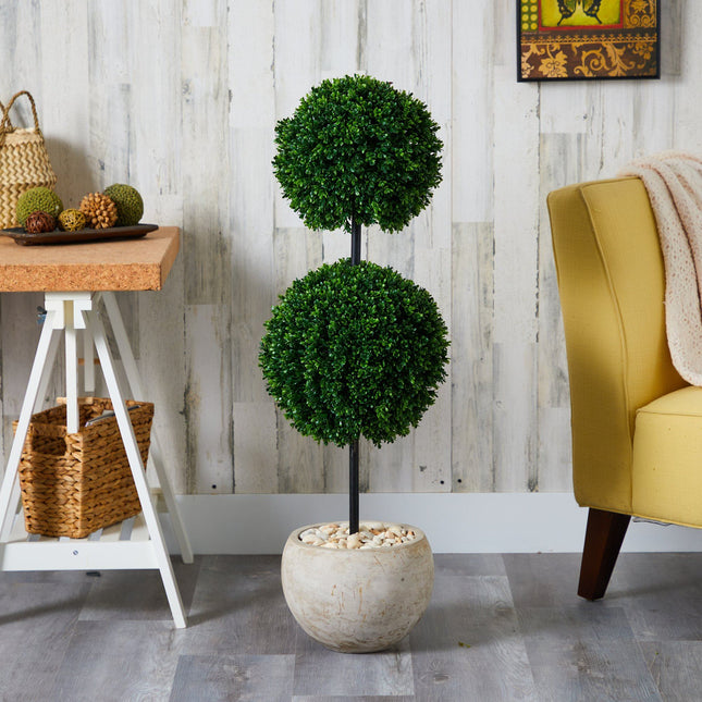 45” Boxwood Double Ball Artificial Topiary Tree in Sand Colored Planter (Indoor/Outdoor) by Nearly Natural