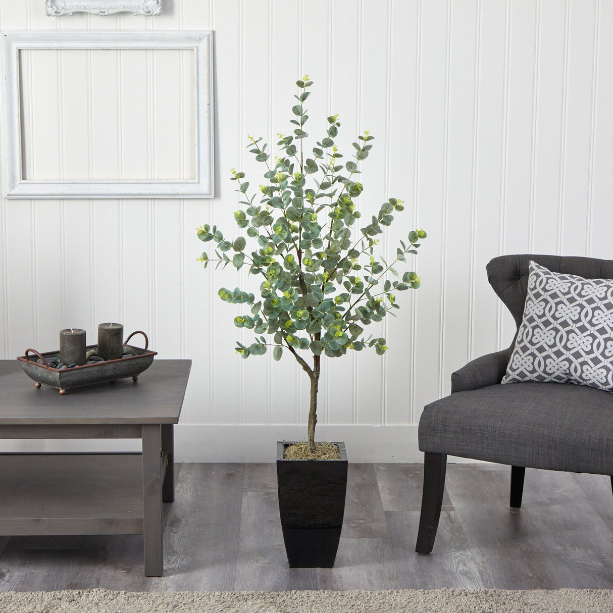 4.5’ Eucalyptus Artificial Tree in Black Metal Planter by Nearly Natural