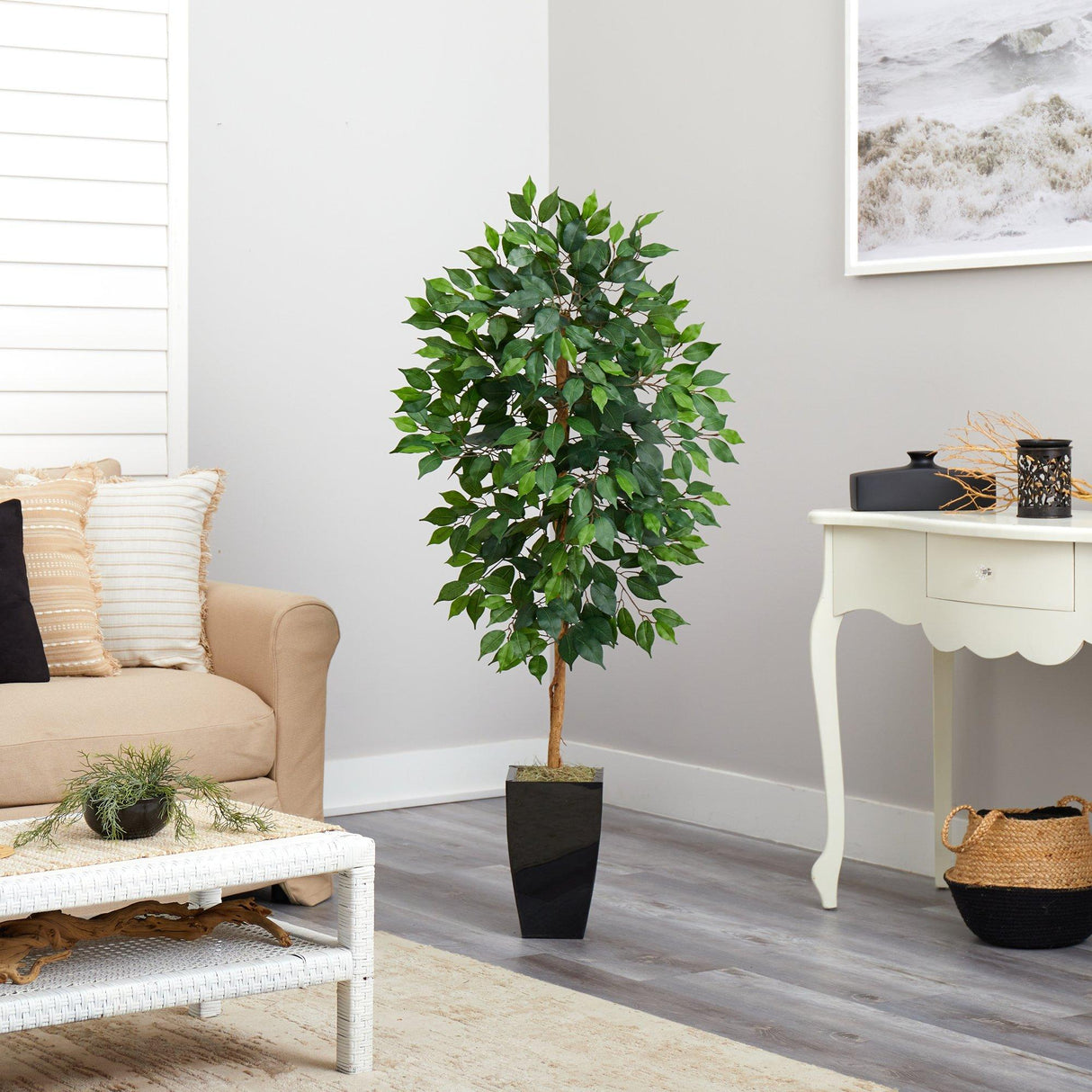 4.5’ Ficus Artificial Tree in Black Metal Planter by Nearly Natural