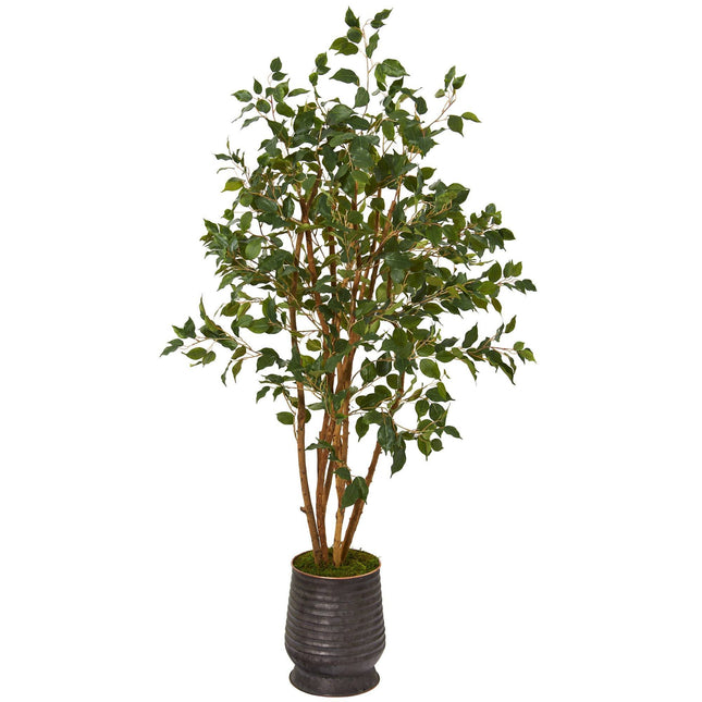 4.5’ Ficus Artificial Tree in Ribbed Metal Planter by Nearly Natural