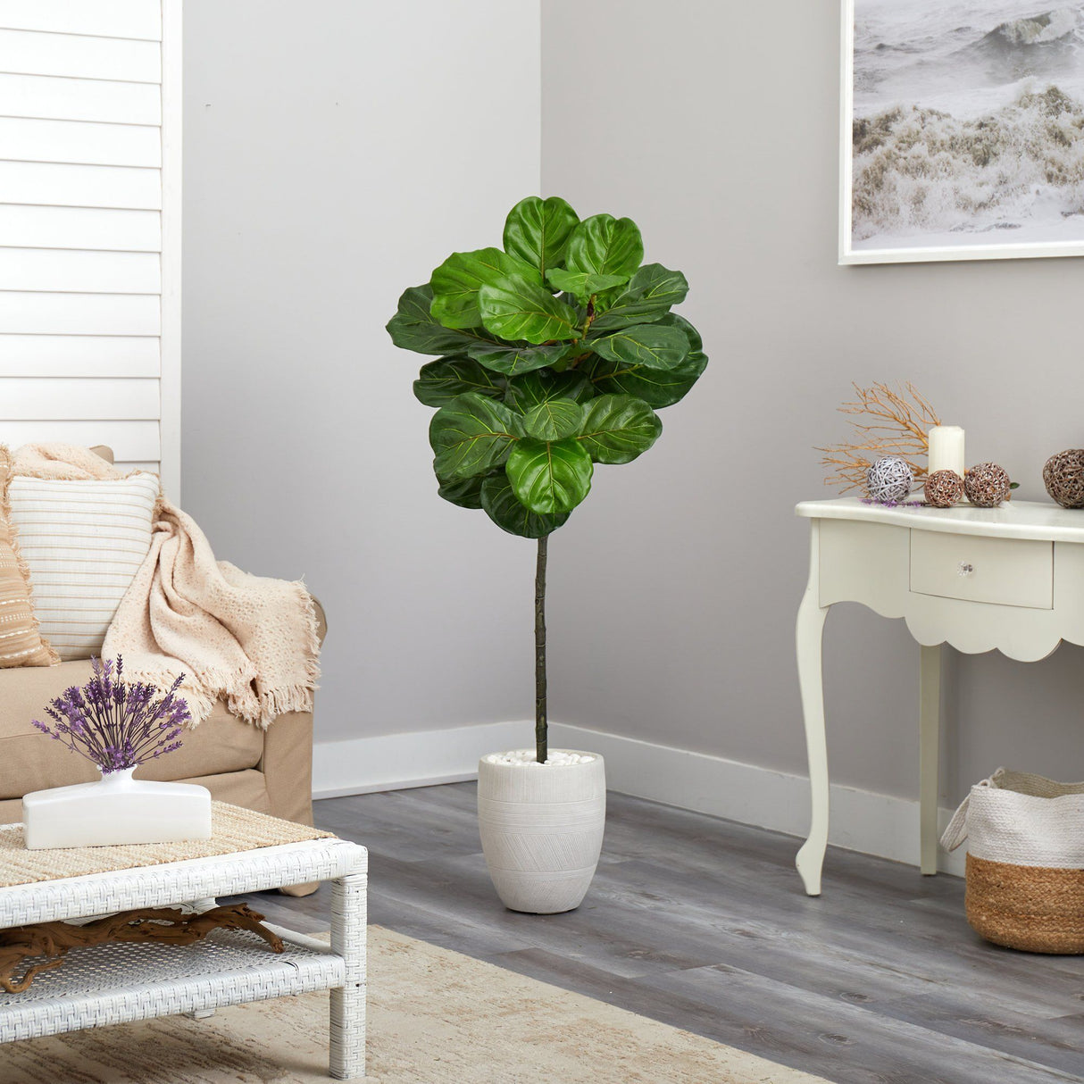 4.5’ Fiddle Leaf Artificial Tree in White Planter by Nearly Natural