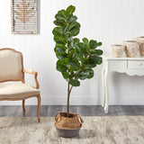 4.5’ Fiddle Leaf Fig Artificial Tree with Boho Chic Handmade Cotton and Jute White Woven Planter by Nearly Natural