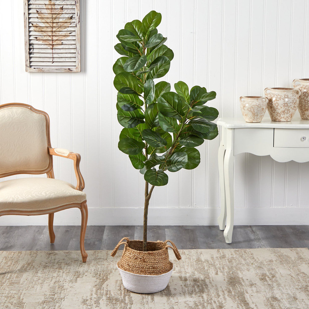 4.5’ Fiddle Leaf Fig Artificial Tree with Boho Chic Handmade Cotton & Jute White Woven Planter by Nearly Natural