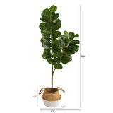 4.5’ Fiddle Leaf Fig Artificial Tree with Boho Chic Handmade Cotton & Jute White Woven Planter by Nearly Natural