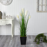 4.5’ Wheat Plum Grass Artificial Plant in Black Metal Planter by Nearly Natural