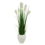 4.5’ Wheat Plum Grass Artificial Plant in White Planter by Nearly Natural