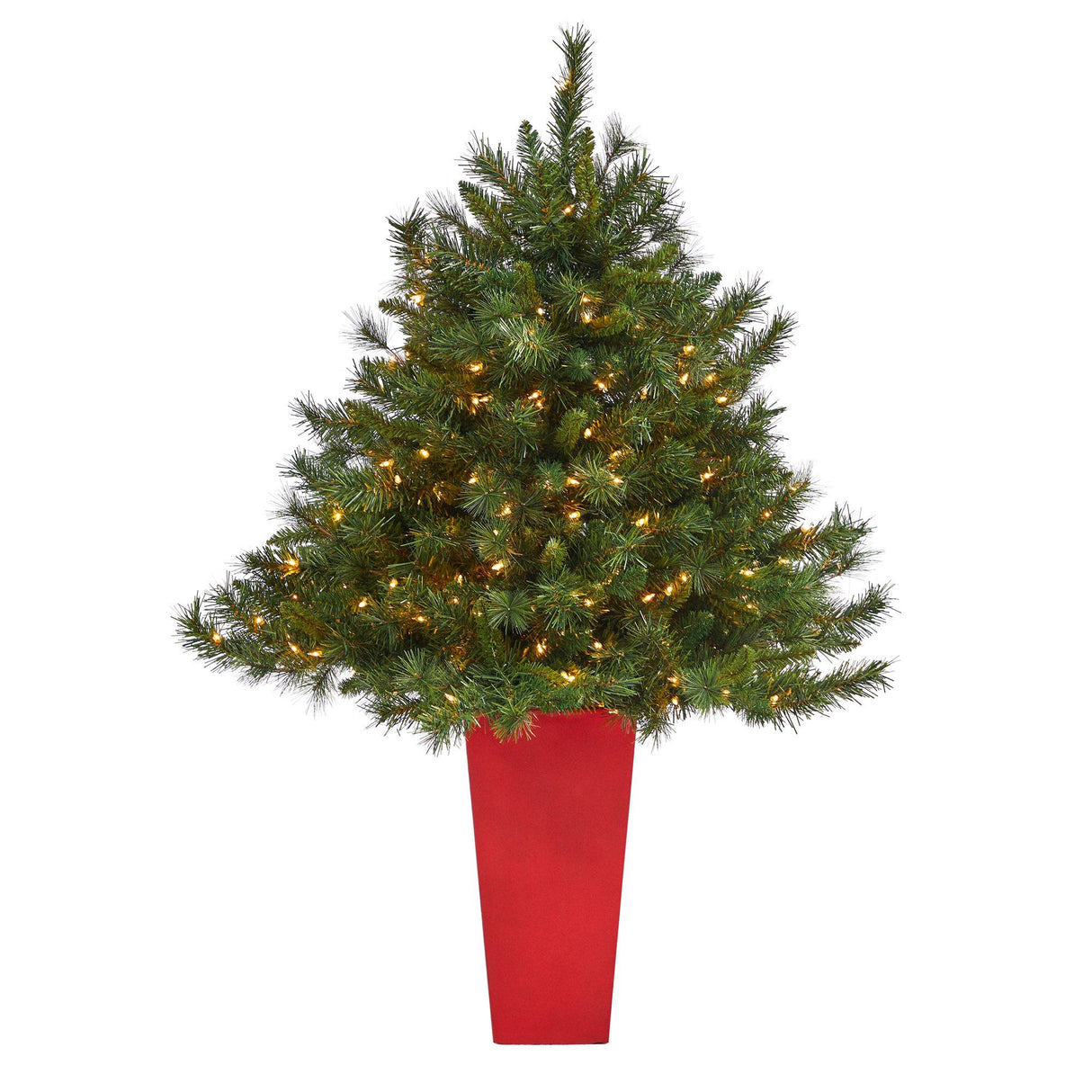 4.5’ Wyoming Mixed Pine Artificial Christmas Tree with 250 Clear Lights and 462 Bendable Branches in Red Tower Planter by Nearly Natural