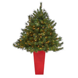 4.5’ Wyoming Mixed Pine Artificial Christmas Tree with 250 Clear Lights and 462 Bendable Branches in Red Tower Planter by Nearly Natural