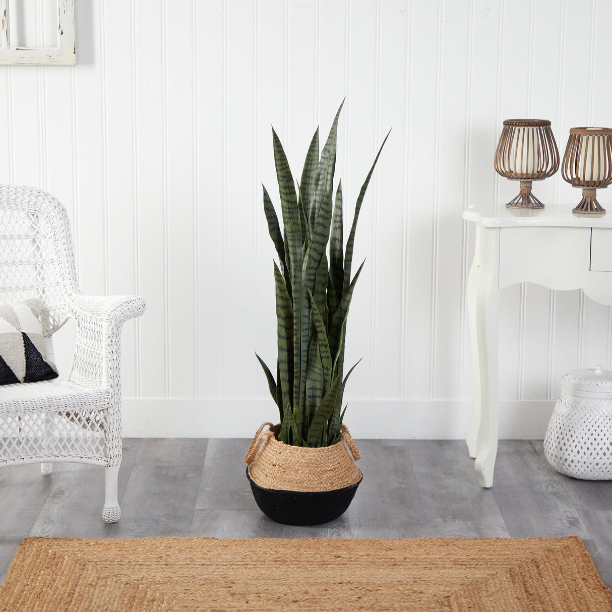 46” Sansevieria Plant in Cotton & Jute Black Woven Planter by Nearly Natural