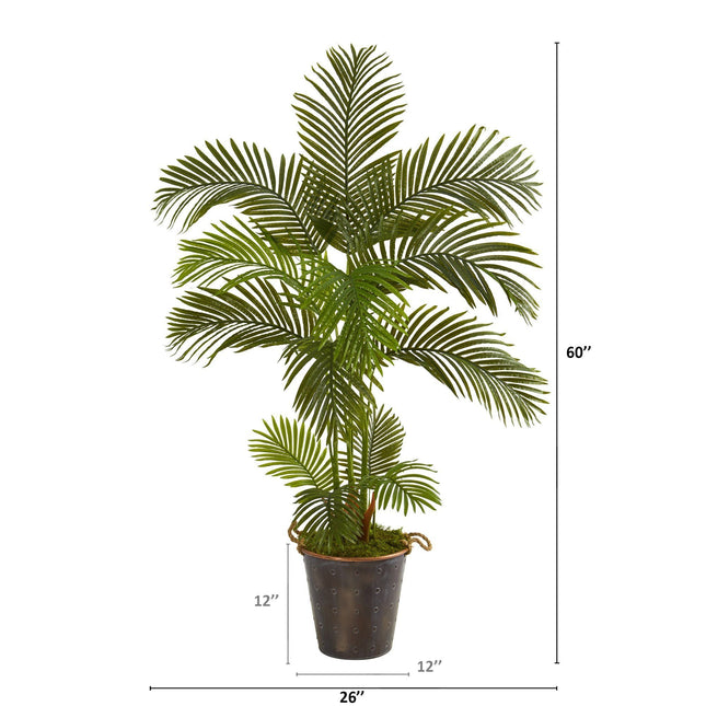 5' Areca Palm Artificial Tree in Decorative Metal Pail with Rope by Nearly Natural