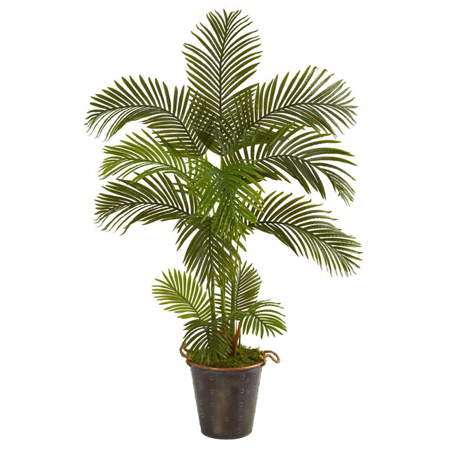 5' Areca Palm Artificial Tree in Decorative Metal Pail with Rope by Nearly Natural
