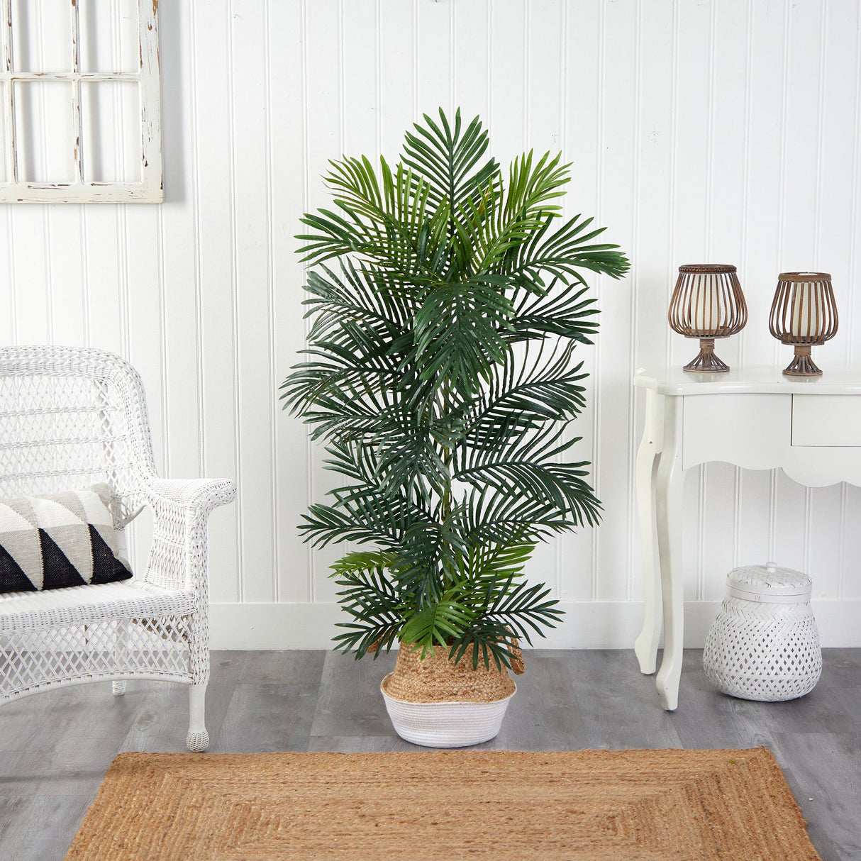 5’ Areca Palm Tree in Boho Chic Handmade Cotton & Jute White Woven Planter UV Resistant by Nearly Natural