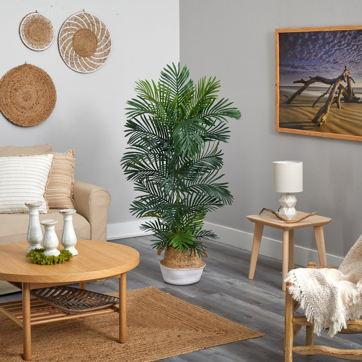 5’ Areca Palm Tree in Boho Chic Handmade Cotton & Jute White Woven Planter UV Resistant by Nearly Natural