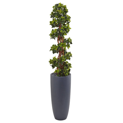 5’ English Ivy Spiral Topiary Tree in Gray Cylinder Planter UV Resistant (Indoor/Outdoor) by Nearly Natural