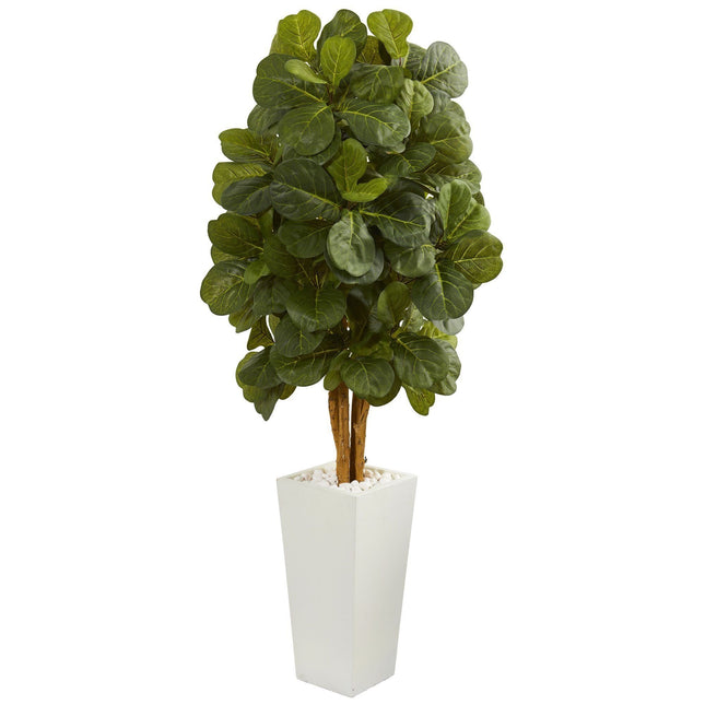 5’ Fiddle Leaf Artificial Tree in White Tower Planter by Nearly Natural