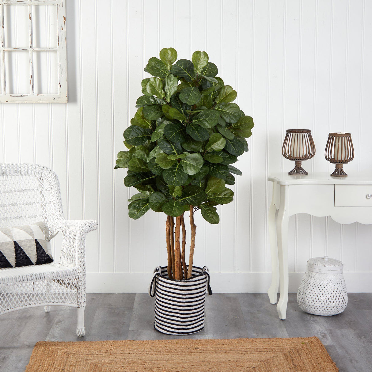 5’ Fiddle Leaf Fig Artificial Tree in Handmade Black and White Natural Jute and Cotton Planter by Nearly Natural