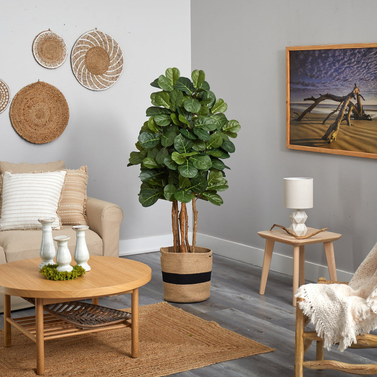 5’ Fiddle Leaf Fig Artificial Tree in Handmade Natural Cotton Planter by Nearly Natural