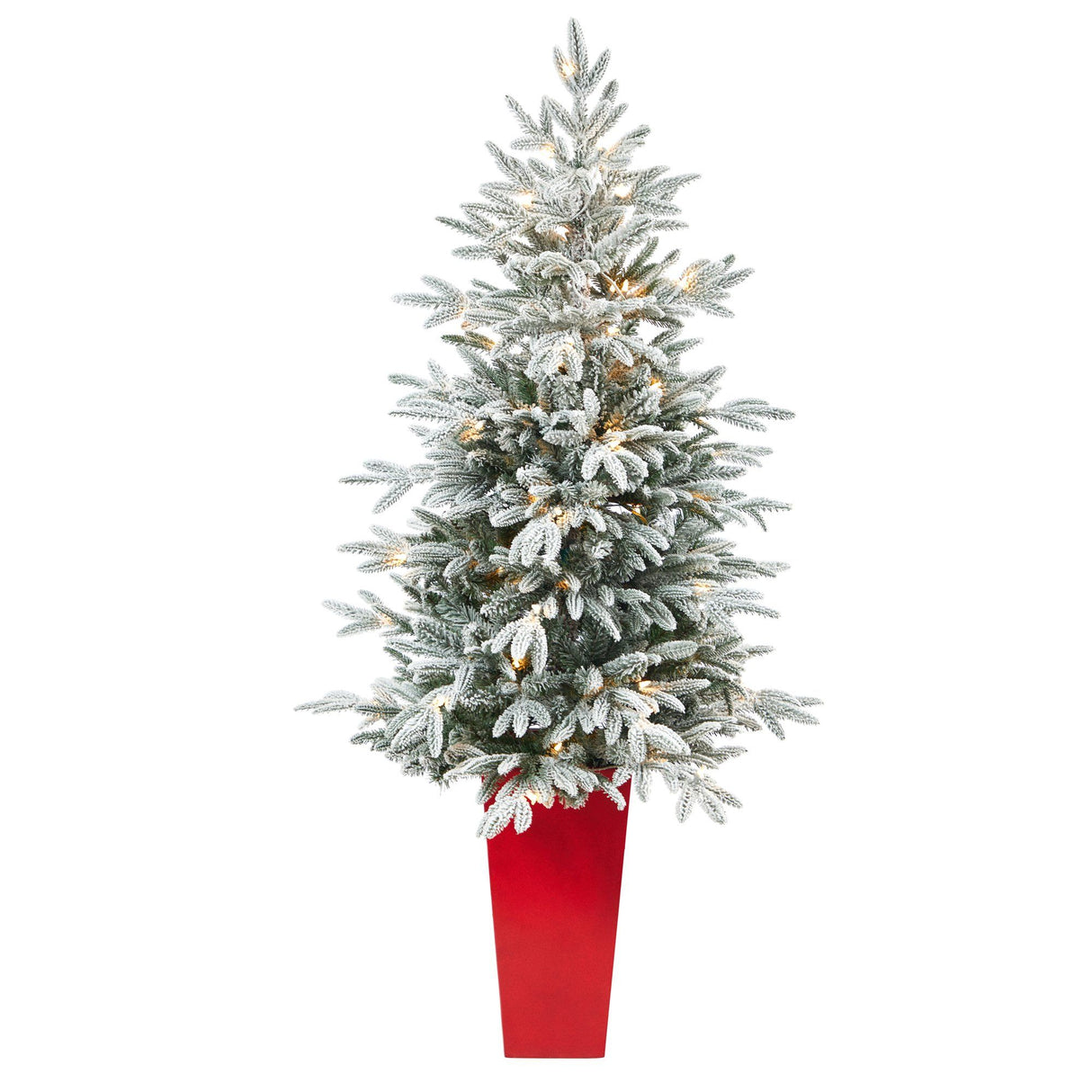 5’ Flocked Manchester Spruce Artificial Christmas Tree with 100 Lights and 357 Bendable Branches in Red Tower Planter by Nearly Natural