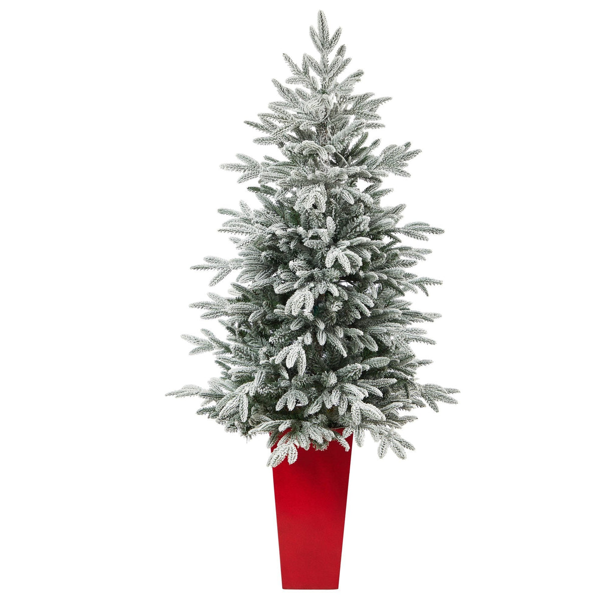 5’ Flocked Manchester Spruce Artificial Christmas Tree with 100 Lights and 357 Bendable Branches in Red Tower Planter by Nearly Natural