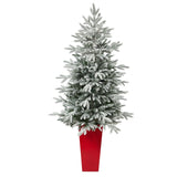 5’ Flocked Manchester Spruce Artificial Christmas Tree with 100 Lights and 357 Bendable Branches in Red Tower Planter by Nearly Natural