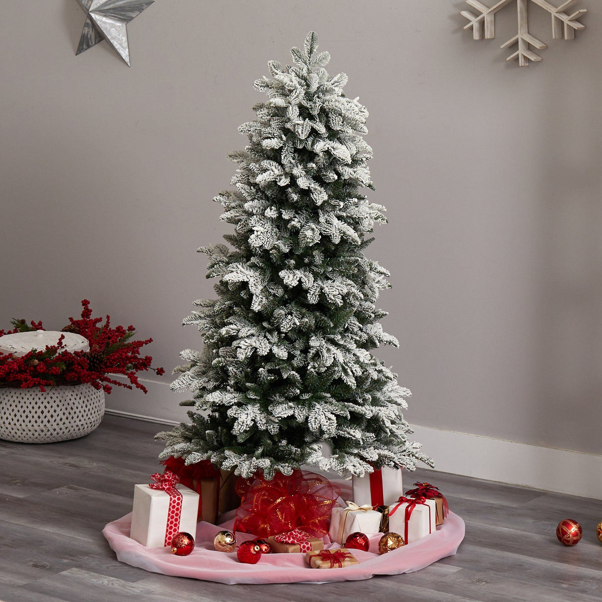 5’ Flocked North Carolina Fir Christmas Tree with 350 Warm White Lights and 1247 Bendable Branches by Nearly Natural