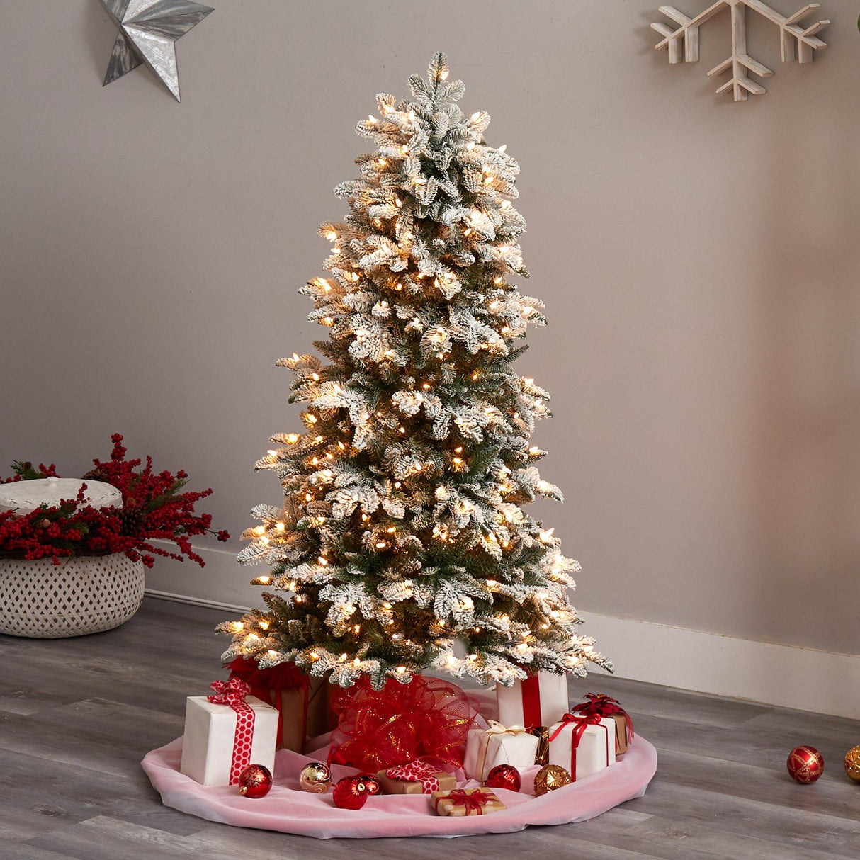 5’ Flocked North Carolina Fir Christmas Tree with 350 Warm White Lights and 1247 Bendable Branches by Nearly Natural