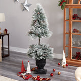 5’ Flocked Porch Christmas Tree with 100 LED Lights and 186 Bendable Branches in Decorative Urn by Nearly Natural