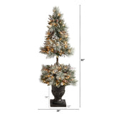 5’ Flocked Porch Christmas Tree with 100 LED Lights and 186 Bendable Branches in Decorative Urn by Nearly Natural