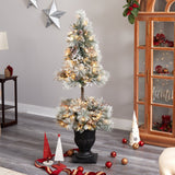 5’ Flocked Porch Christmas Tree with 100 LED Lights and 186 Bendable Branches in Decorative Urn by Nearly Natural