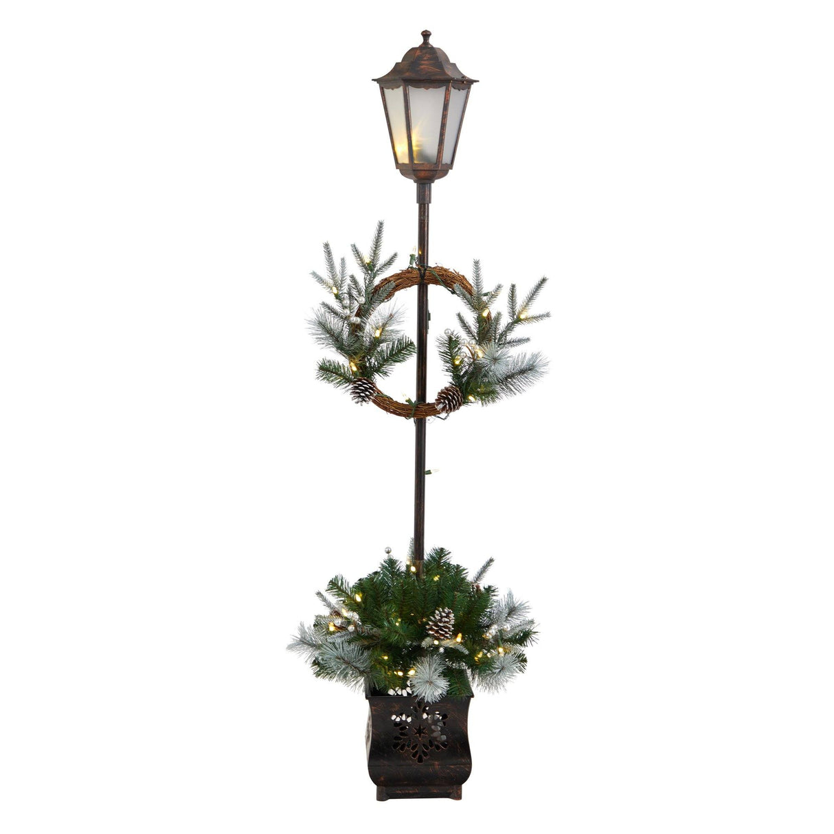 5’ Holiday Pre-lit Decorated Lamp Post with Greenery, Decorative Container and 50 LED Lights by Nearly Natural