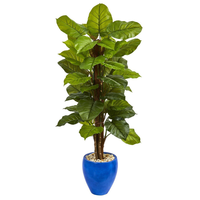 5’ Large Leaf Philodendron Artificial Plant in Blue Planter (Real Touch) by Nearly Natural