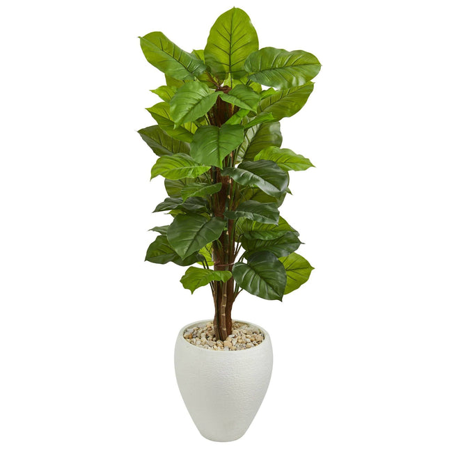 5’ Large Leaf Philodendron Artificial Plant in White Oval Planter (Real Touch) by Nearly Natural