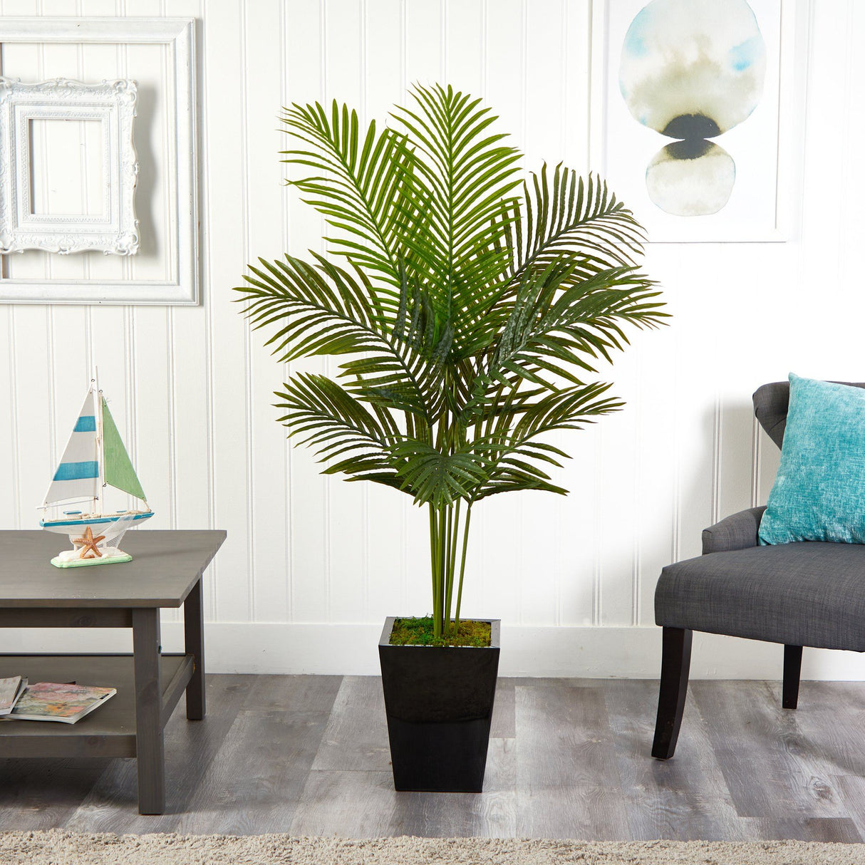 5’ Paradise Palm Artificial Tree in Black Metal Planter by Nearly Natural