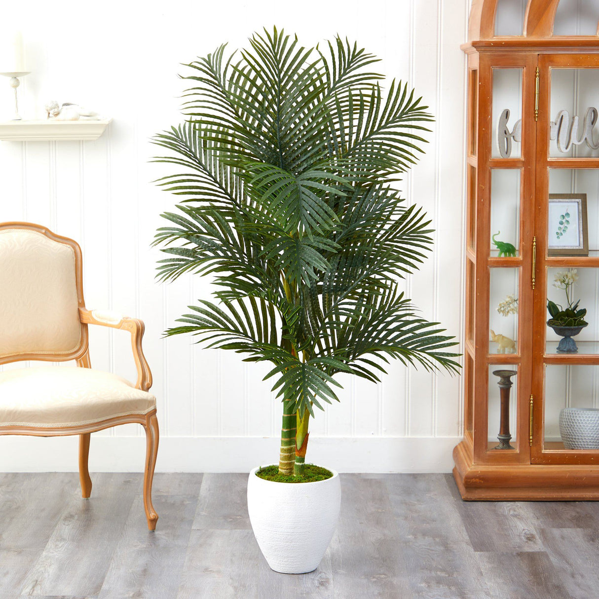 5’ Paradise Palm Artificial Tree in White Planter with Faux Moss by Nearly Natural