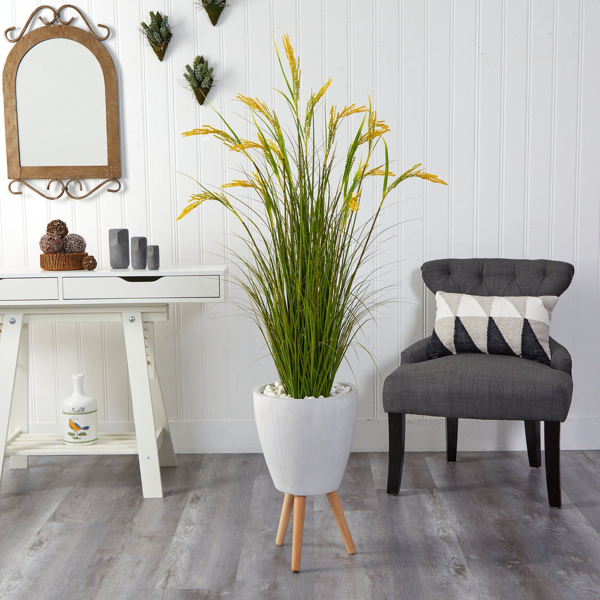 5” Wheat Grain Artificial Plant in White Planter with Legs by Nearly Natural