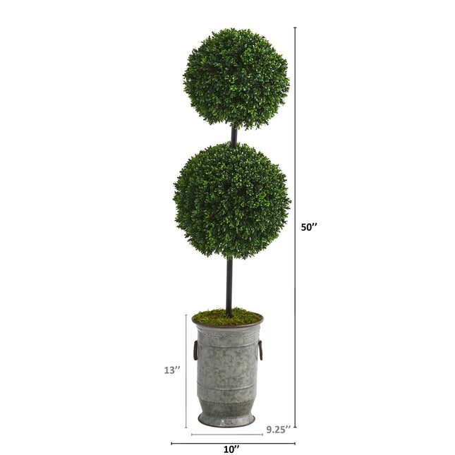 50” Boxwood Double Ball Artificial Topiary Tree in Vintage Metal Planter  (Indoor/Outdoor) by Nearly Natural