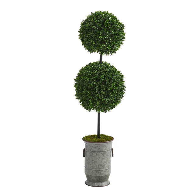 50” Boxwood Double Ball Artificial Topiary Tree in Vintage Metal Planter  (Indoor/Outdoor) by Nearly Natural