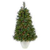 50” Golden Tip Washington Pine Artificial Christmas Tree with 100 Clear Lights, Pine Cones and 336 Bendable Branches in White Planter by Nearly Natural