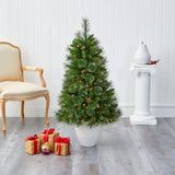 50” Golden Tip Washington Pine Artificial Christmas Tree with 100 Clear Lights, Pine Cones and 336 Bendable Branches in White Planter by Nearly Natural