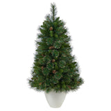 50” Golden Tip Washington Pine Artificial Christmas Tree with 100 Clear Lights, Pine Cones and 336 Bendable Branches in White Planter by Nearly Natural