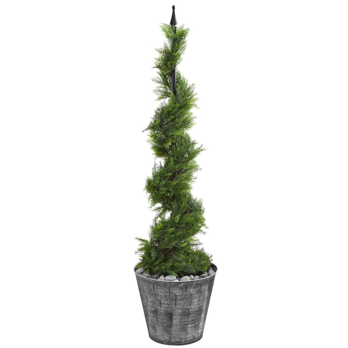 53” Cypress Artificial Spiral Topiary Tree in Black Embossed Tin Planter by Nearly Natural