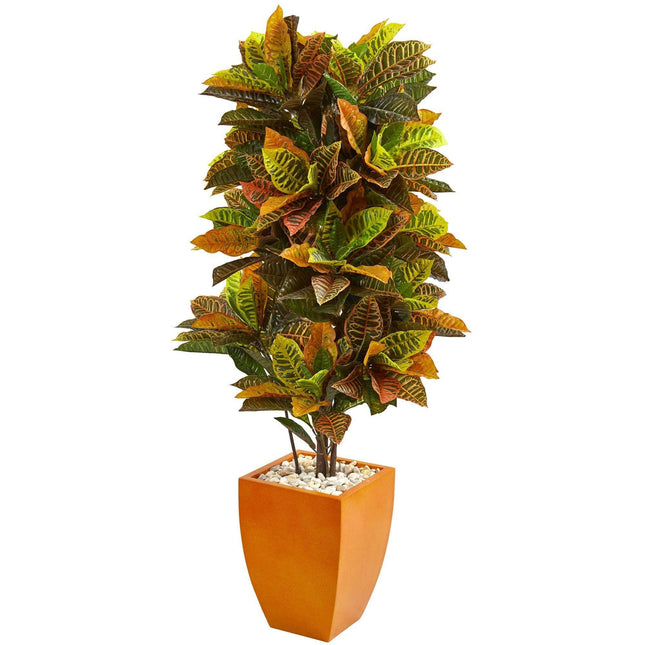 5.5’ Croton Artificial Plant in Orange Planter (Real Touch) by Nearly Natural