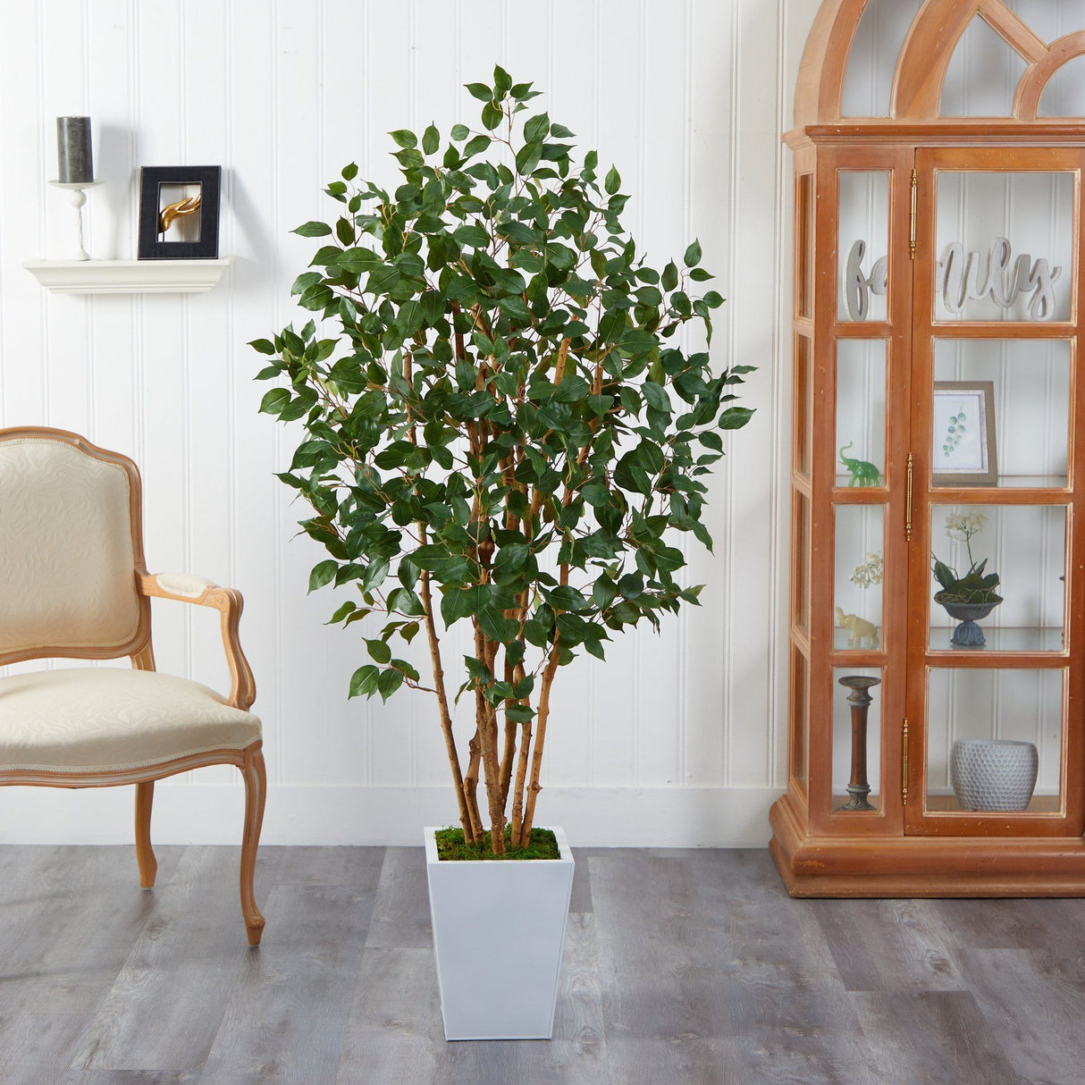 5.5' Ficus Bushy Artificial Tree in White Metal Planter by Nearly Natural