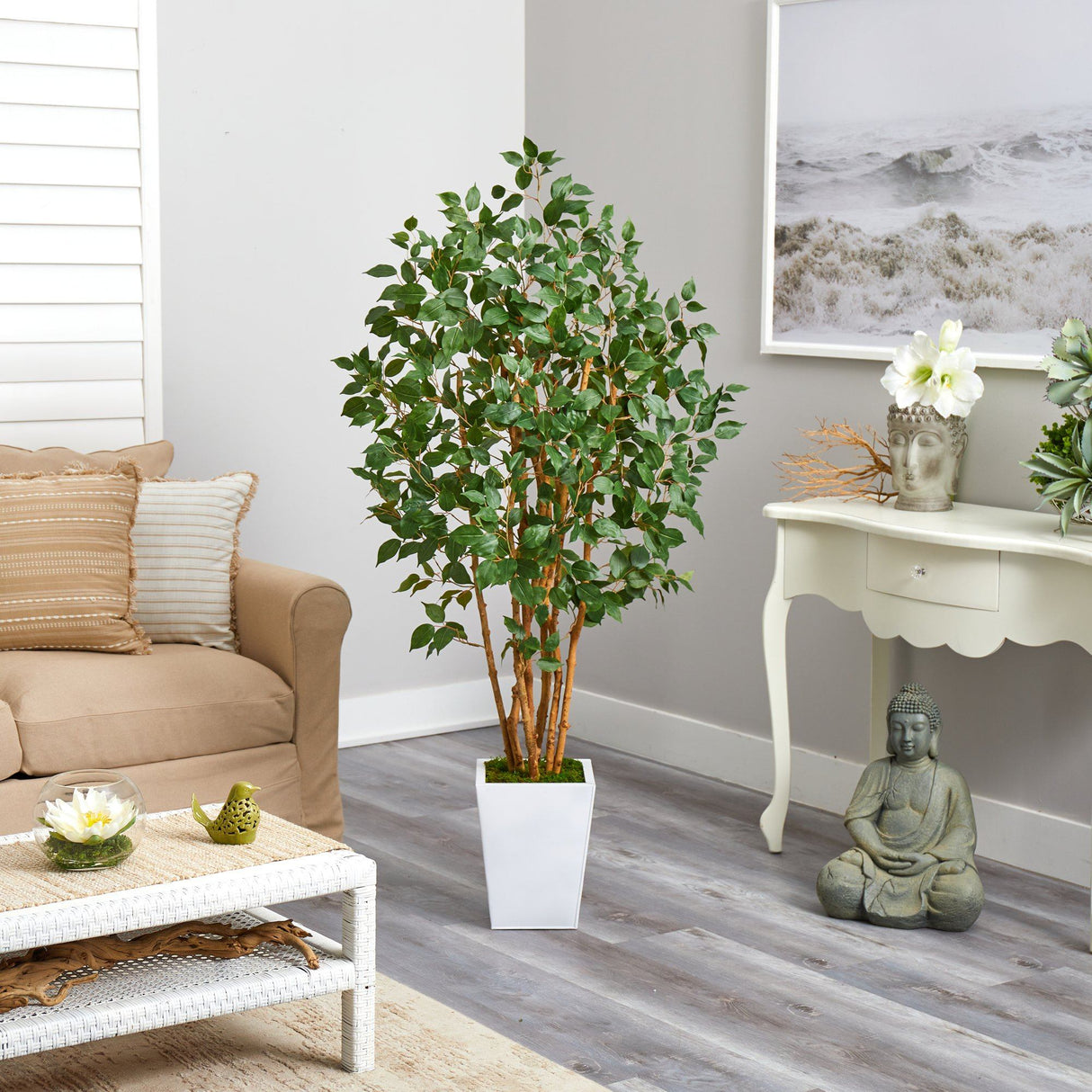 5.5' Ficus Bushy Artificial Tree in White Metal Planter by Nearly Natural